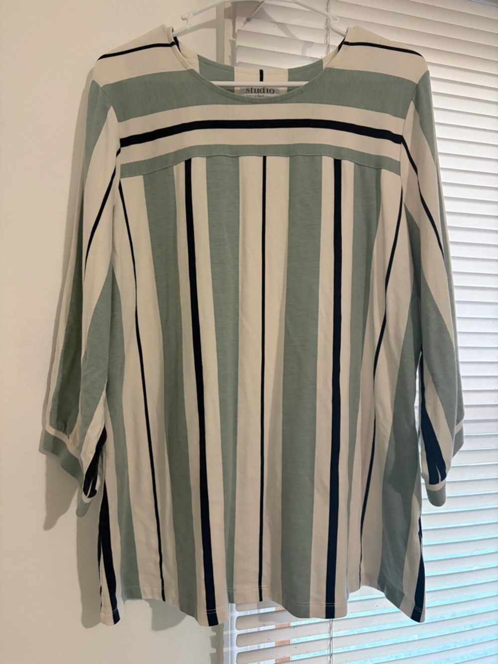 Studio by D&Co Striped Tunic Top Size L Green White 3/4 Sleeve Blouse